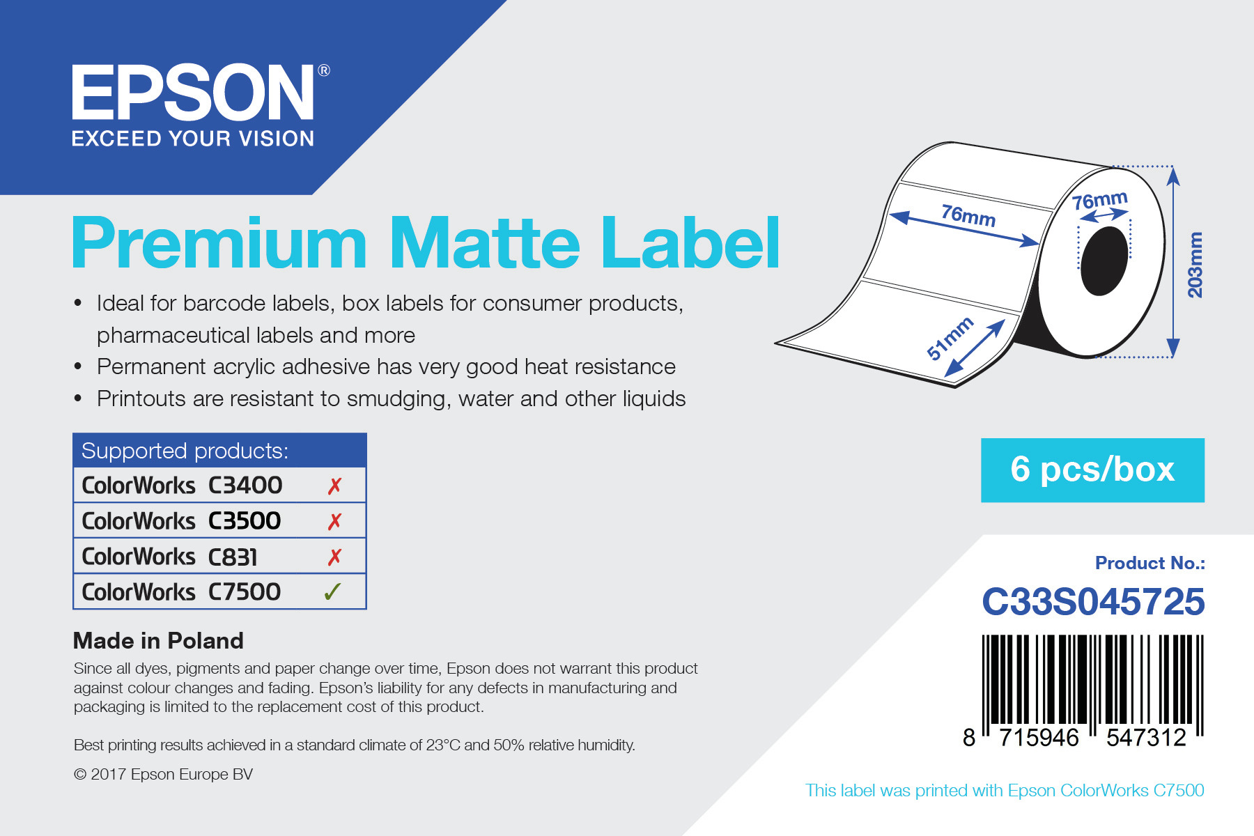 Epson Etikettenrolle, Normalpapier, 76x51mm, C33S045725