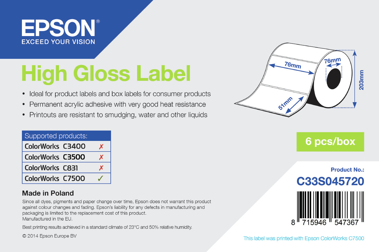 Epson Etikettenrolle, Normalpapier, 76x51mm, C33S045720