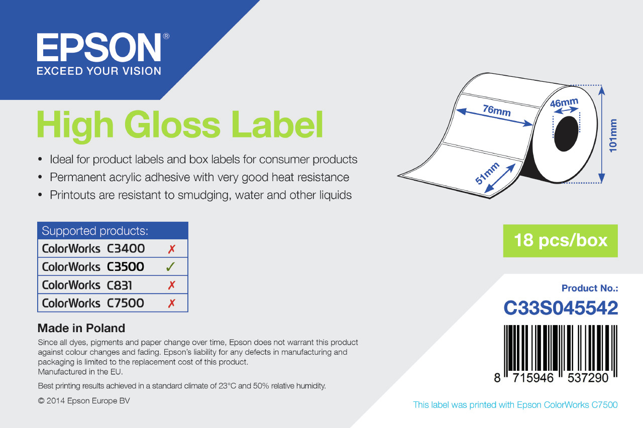Epson Etikettenrolle, Normalpapier, 76x51mm, C33S045542