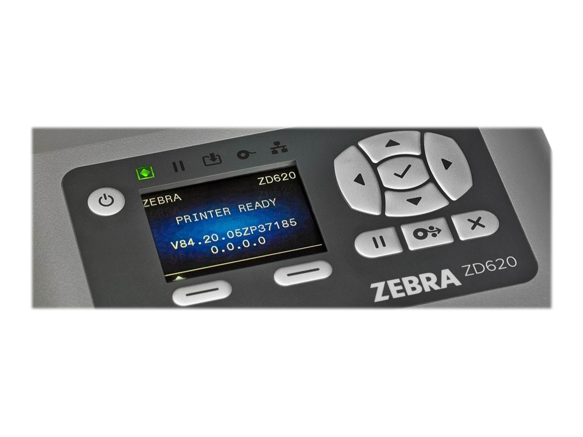 Zebra ZD620t, 8 Punkte/mm (203dpi), Peeler, VS, RTC, Display, EPLII, ZPLII, USB, RS232, BT, Ethernet, WLAN, ZD62142-T1EL02EZ