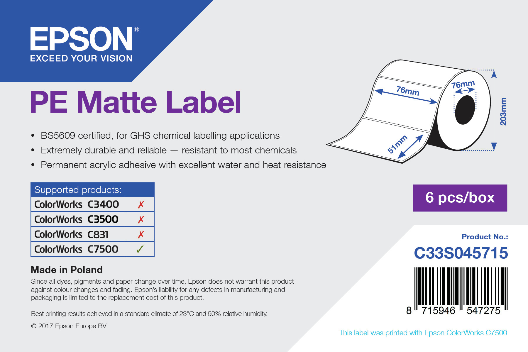 Epson Etikettenrolle, Kunststoff, 76x51mm, C33S045715